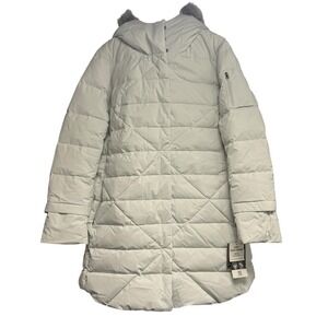 NWT Eddie Bauer Womens XL Sun Valley Frost Down Parka Coat Cement Faux Fur Hood‎